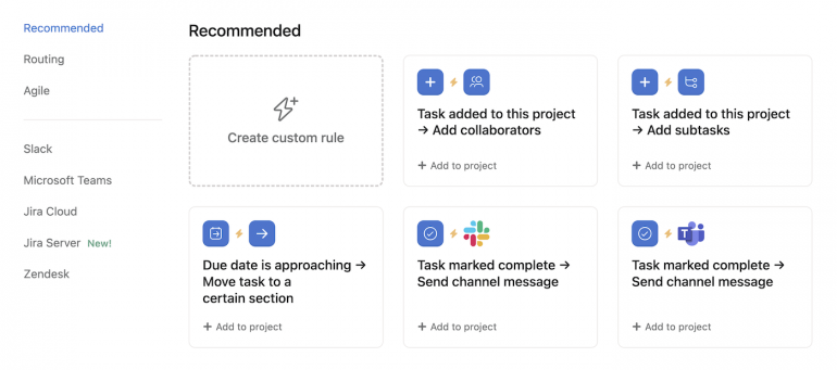 The Rules engine allows teams to automate workflows with built-in templates or a rule generator.