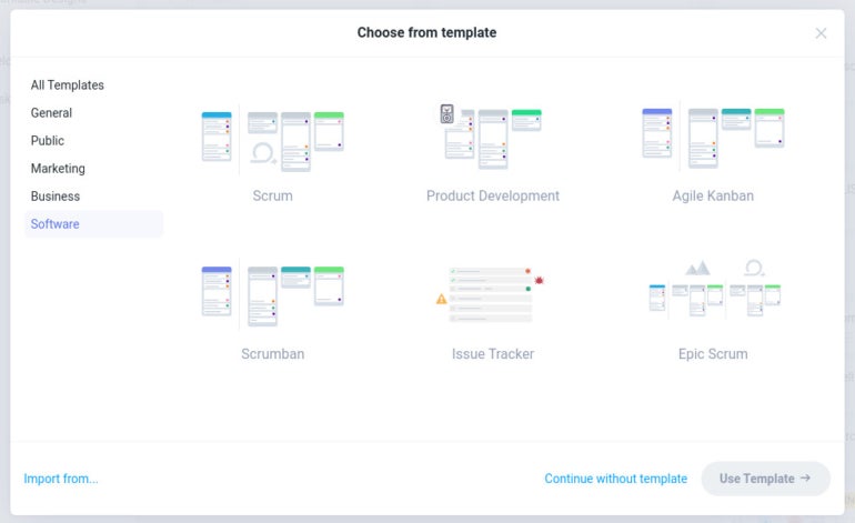 Select a template for your new agile project.