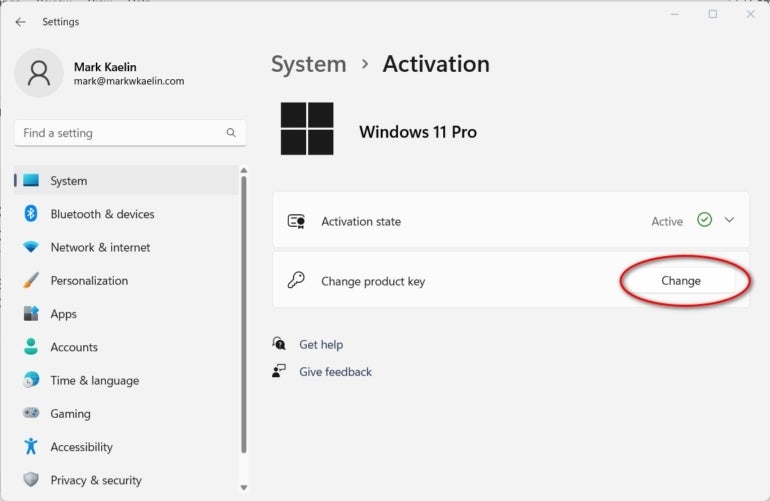 Open Settings and navigate to System |  About |  Product key and activation to access screen.