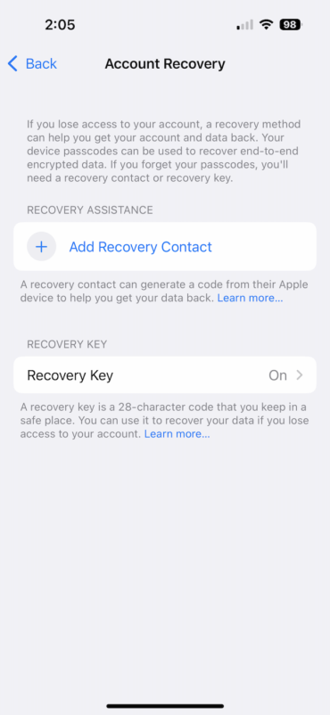 Generating a recovery key or assigning a recovery contact will aid you in the event that you lose access to your account to recover it.