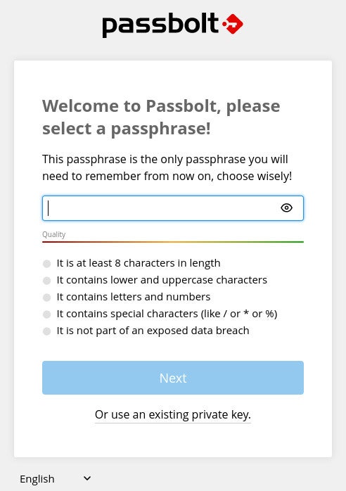 Creating a passphrase for a Passbolt vault.
