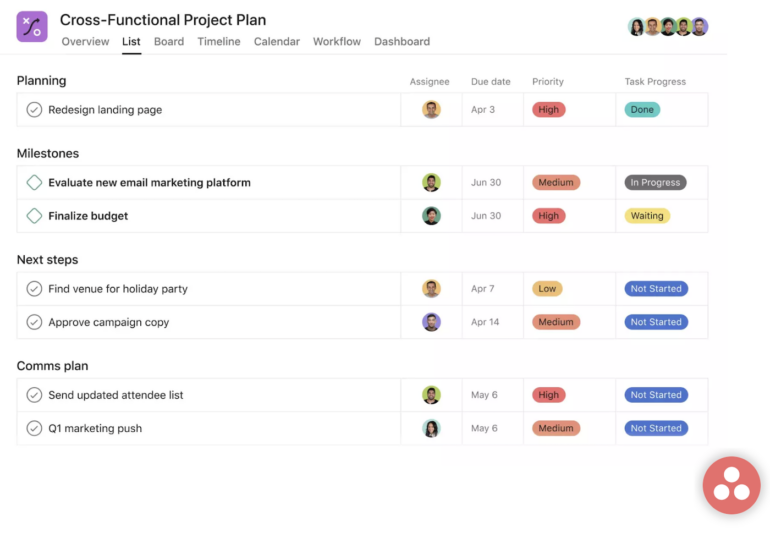 An Asana cross-functional project plan showing a typical list view.