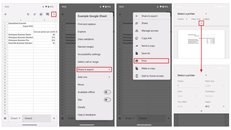 To print from Google Sheets on mobile, tap the three-dot menu in the upper right, tap Share & Export and then tap Print. Google Sheets on Android offers additional options you may adjust, as shown on the right.