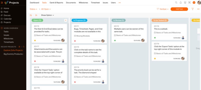 A sample Zoho Projects kanban board.