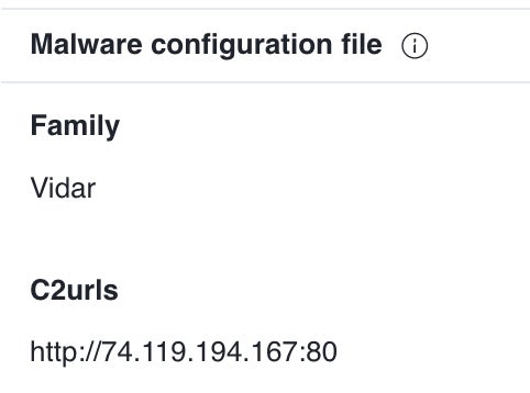 El archivo zip contiene malware Vidar con un servidor C2 identificado.
