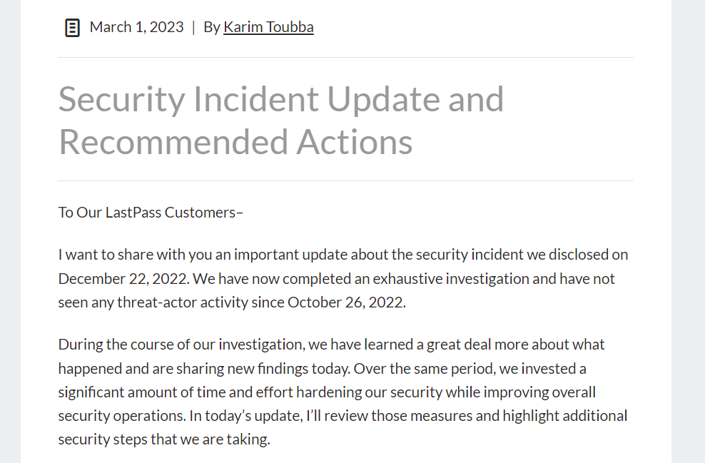 Screenshot of LastPass statement on security breaches.
