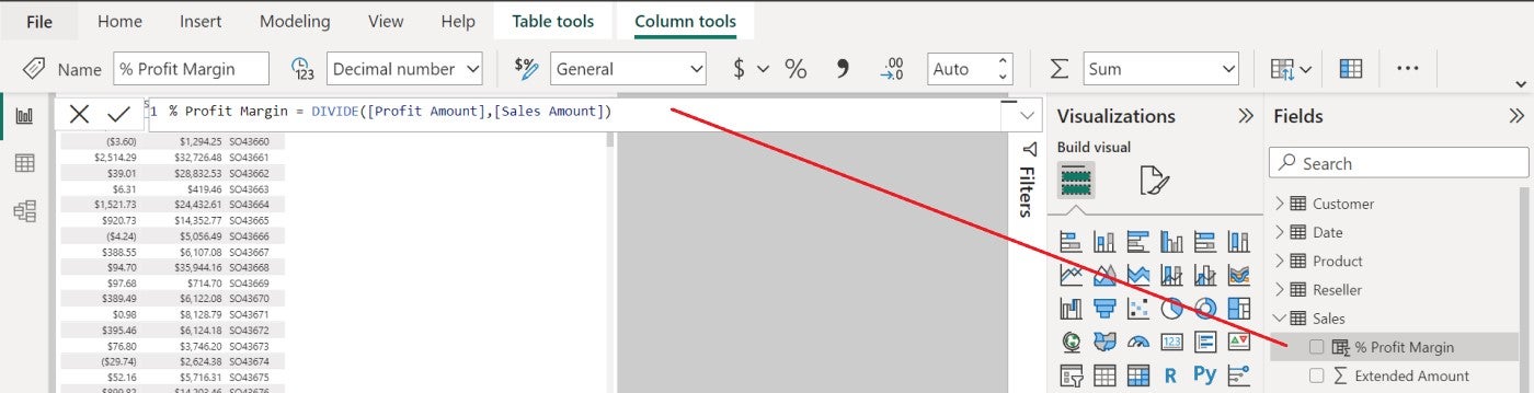 an expression placed in Power BI to return a profit margin result for the table.