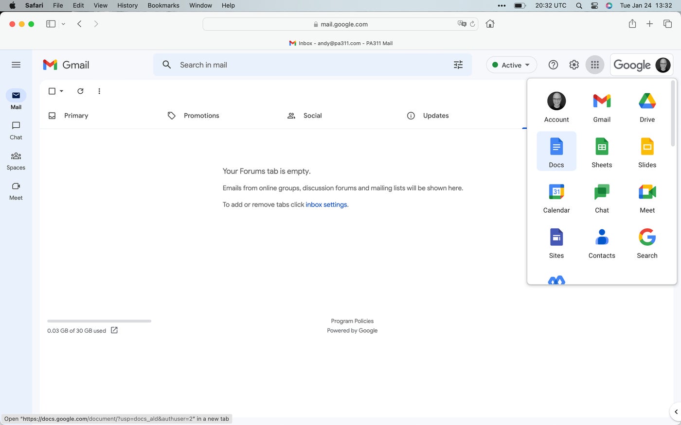 Google Applications menu open in Safari