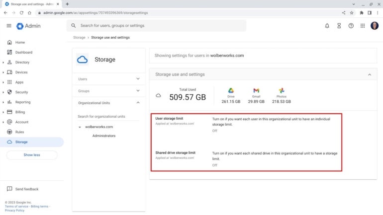 A Google Workspace administrator can choose to set a storage limit for an organizational unit either for individual accounts or shared drives.