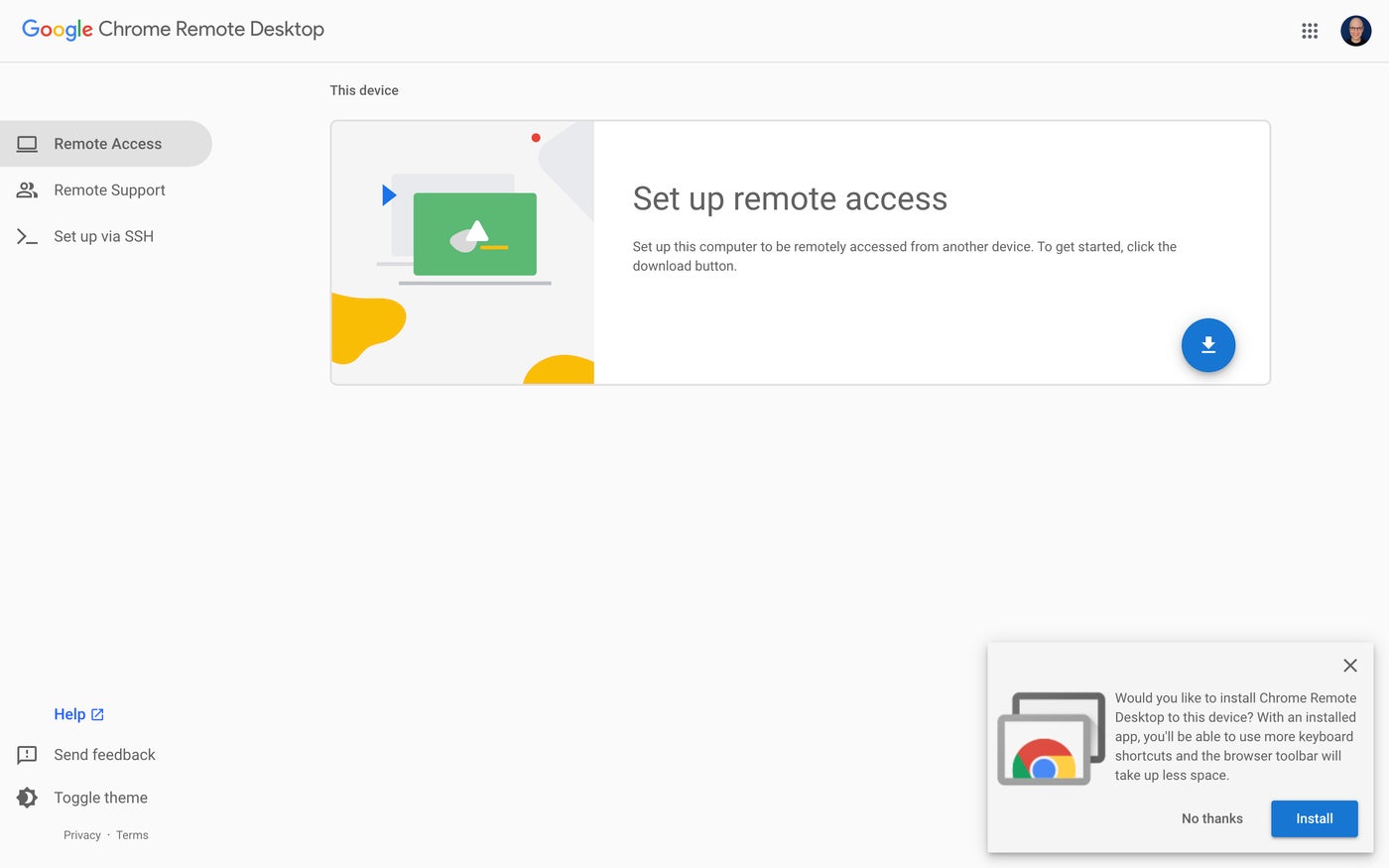 Opciones de configuración de Chrome Remote Desktop para configurar el acceso remoto