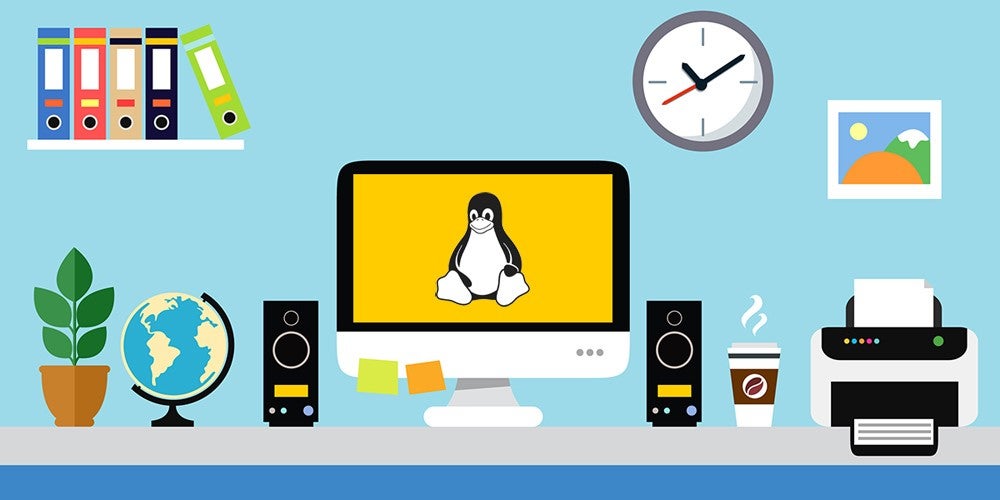 illustration of the Linux penguin on a desktop monitor on a desk