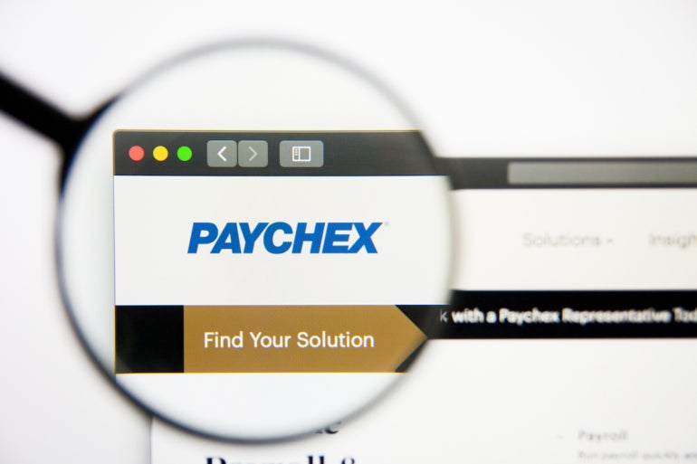Paychex website homepage. Paychex logo visible on screen, Illustrative Editorial