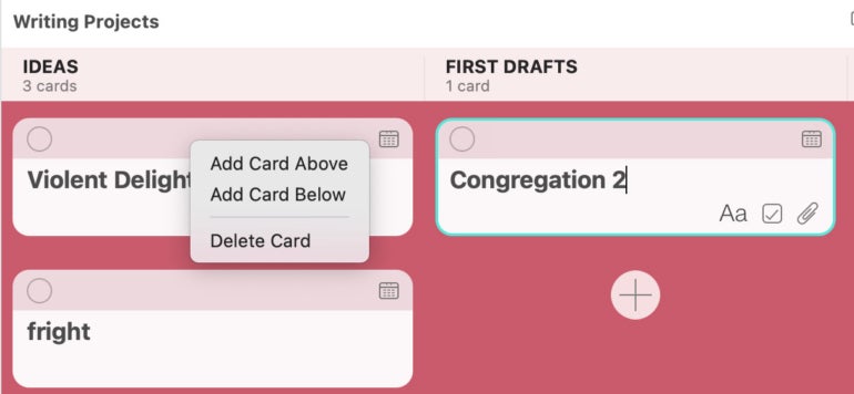 Adding a new card above or below an existing card.