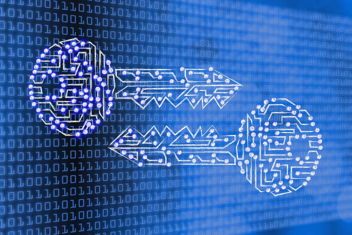 Two interlocking keys representing encryption over a background of machine code.