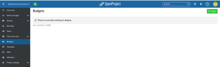 The OpenProject Budgets page is ready for a new Budget.