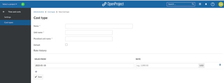 Creating a new Cost Type in OpenProject.