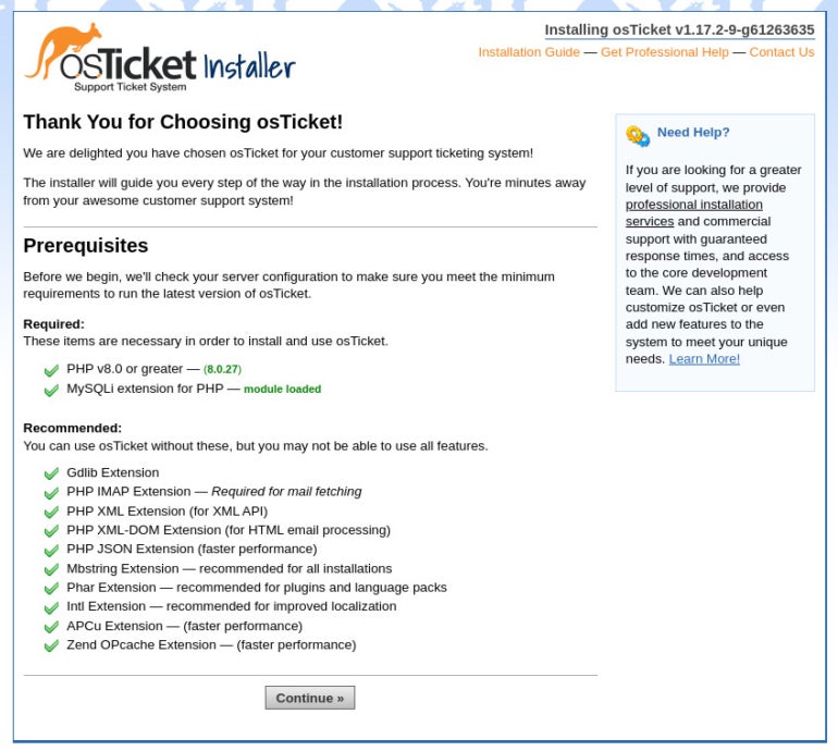 The first page of the osTicket installer.