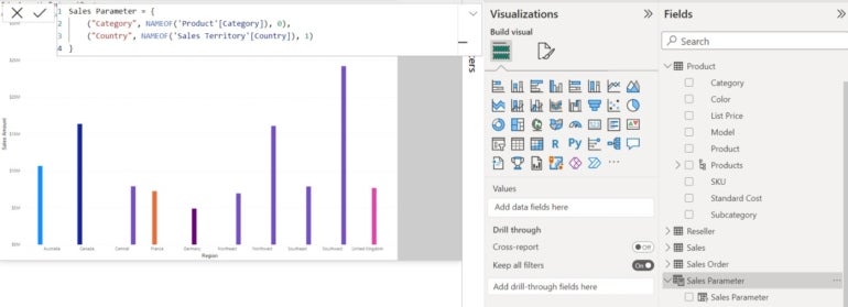 Power BI adds the new field parameter to the Fields pane.