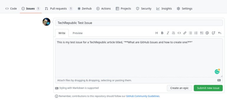 Markdown as shown in the GitHub Issues text editor.