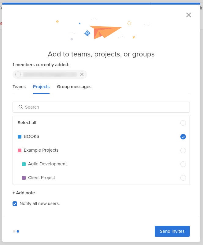 Adding a new user to a specific project through the Invite feature.