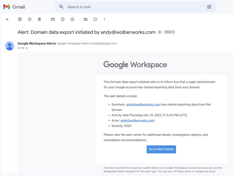 Further, other Workspace administrators will be emailed and notified of the export request.