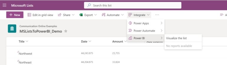 Use the Integrate options to quickly get the Microsoft Lists file for Power BI.