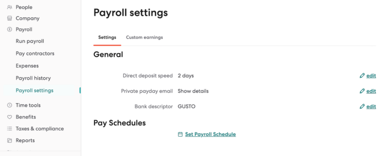 From Gusto's streamlined payroll dashboard, you can pay employees and contractors, set a pay schedule, run payroll reports and add custom earnings like bonuses.
