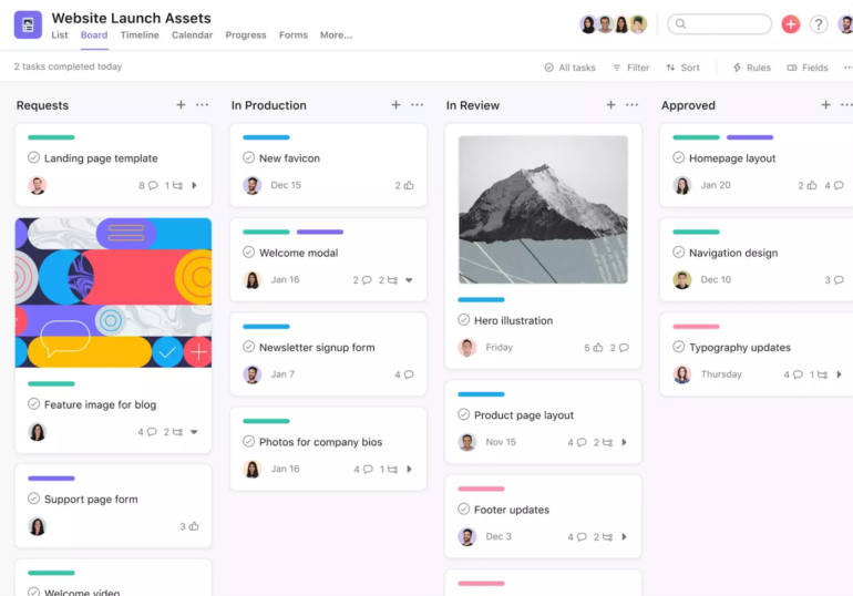A board view in Asana showing four types of tasks being tracked.