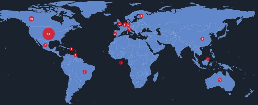 Weltkarte in Blautönen mit unterschiedlich großen roten Punkten, die die häufigsten Angriffsorte von Royal Ransomware anzeigen