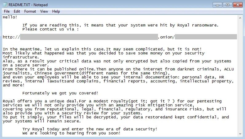 Royal ransomware ransom note