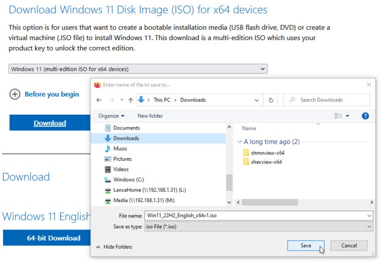 Download and save Windows 11 Disk Image (ISO) for x64 devices.