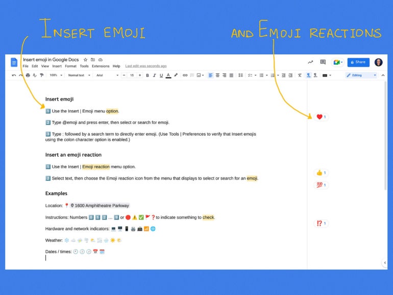 A Google Doc page with the text insert emoji and emoji reactions.