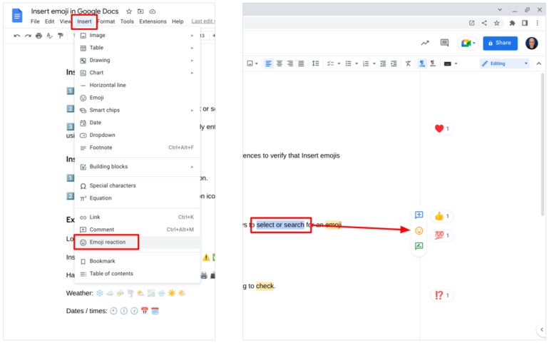 Select a section of your document, then either the menu system (left) or the reaction icon (right) to add an emoji reaction.