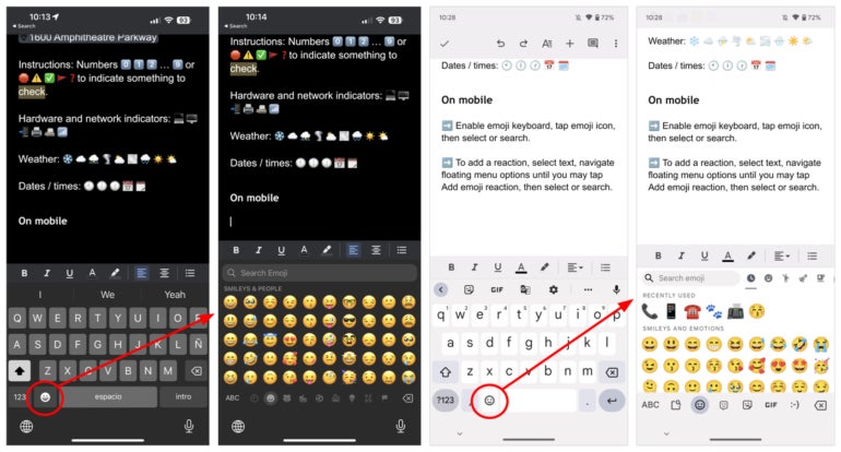 With emoji keyboard options enabled on either Apple devices (left) or Gboard on Android (right), a tap of the emoji key switches to the emoji keyboard.
