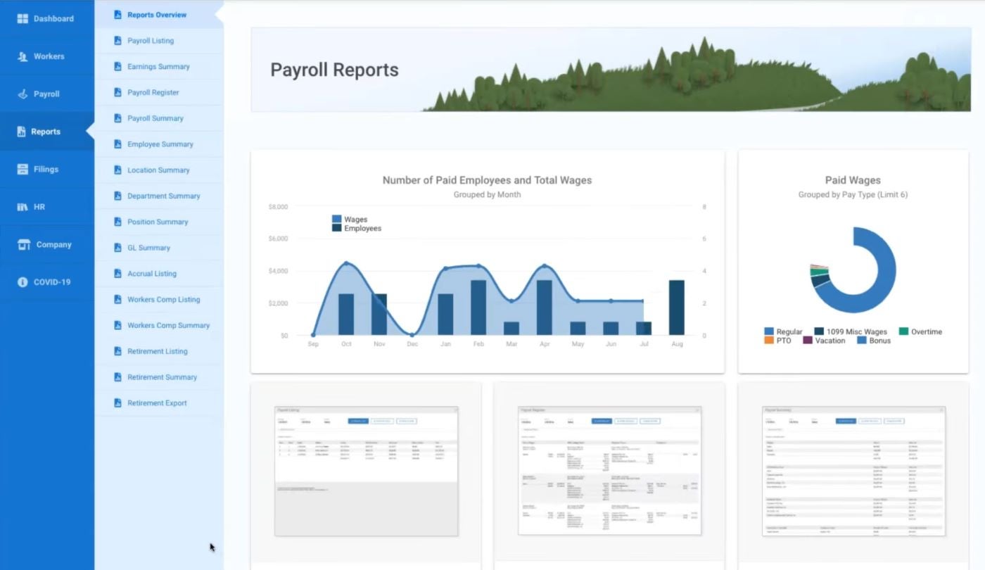 Payroll Reports dashboard in OnPay with information on number of paid employess and total wages as well as paid wages