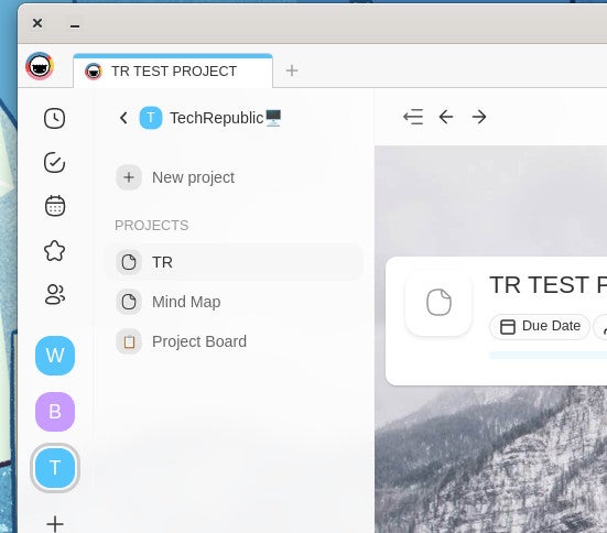 The side bar menu in Taskade featuring New Project and a section for Projects with TR, Mind Map, and Project Board listed underneath