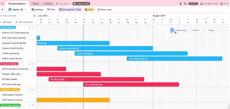 Airtable Gantt chart view (https://support.airtable.com/docs/exporting-and-printing-your-gantt-view).