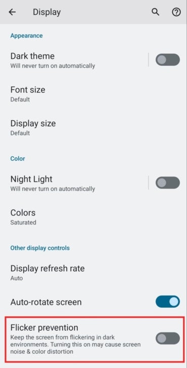 Flicker prevention can be toggled in Display settings on Android devices.