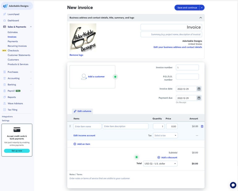 Create an invoice in Wave.
