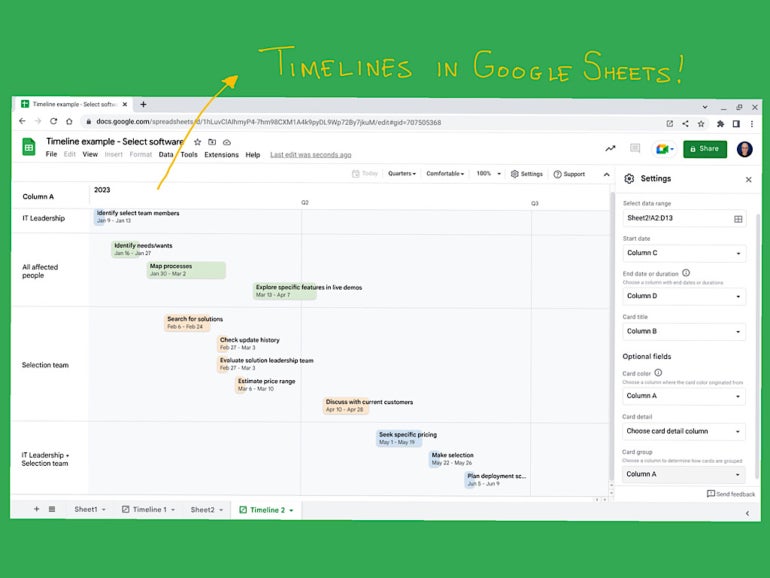 A Google timeline with the text Timelines in Google Sheets! above.