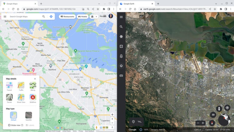 The navigation-focused Google Maps (left) and satellite-view focused Google Earth (right) work well on a Chromebook.