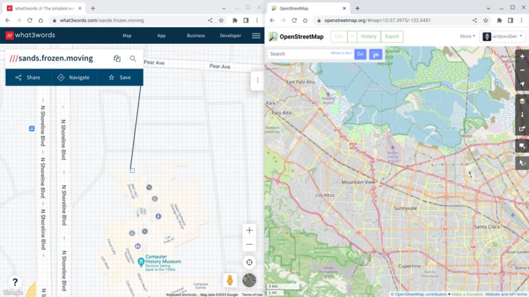 OpenStreetMap (right) offers a map that allows people to edit, while What3words (left) features 3-words to define every 3-square-meter location on Earth.