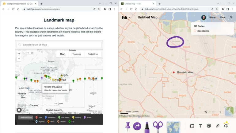 BatchGeo (left) lets you create a custom map from data, such as a spreadsheet. Felt (right) lets you add layers, annotations and much more to maps you can share and collaborate on with other people.
