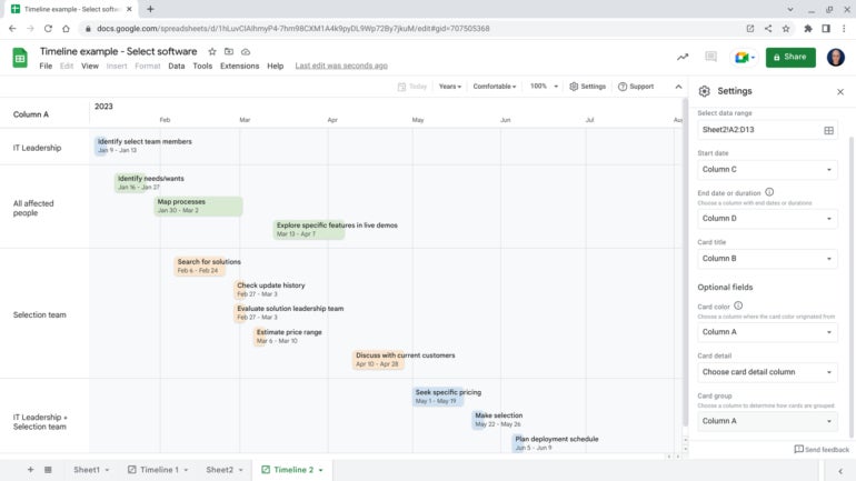 Timeline events are shown here grouped by data in Column A of Google Sheets.