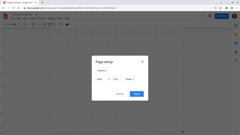 Customize the page setup settings to support more pixels for a higher-quality image in Google Drawings.
