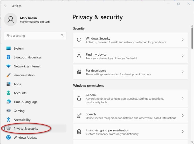 Locate and select the Privacy & security settings in Windows 11.