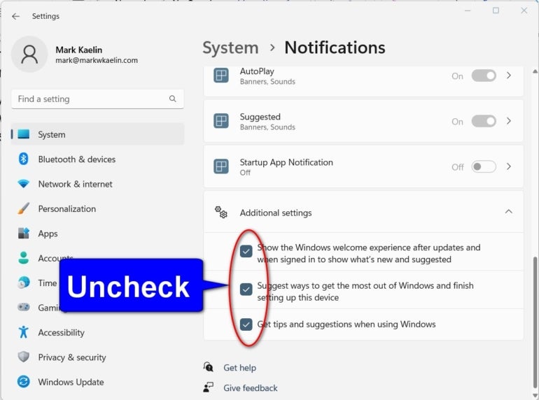 Navigate to the Additional settings menu in Windows 11’s Notifications settings.