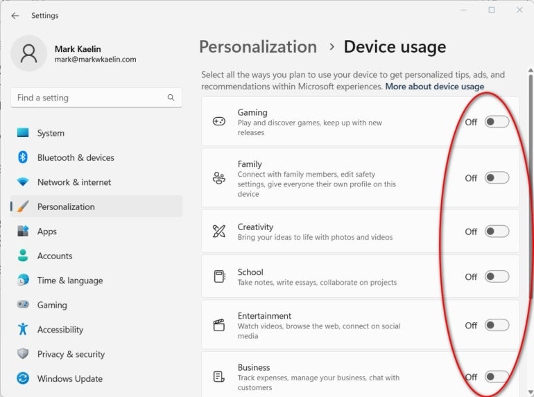 Click Device usage in Windows 11’s Personalization settings to access toggles for targeted and systematic advertisements and feature suggestions.