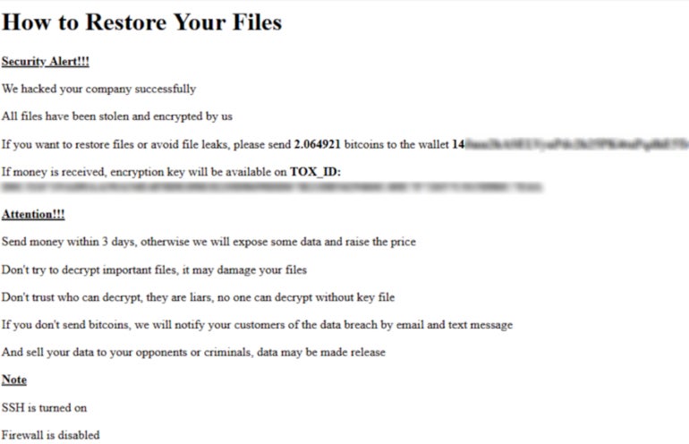Ransom note left on a targeted device.