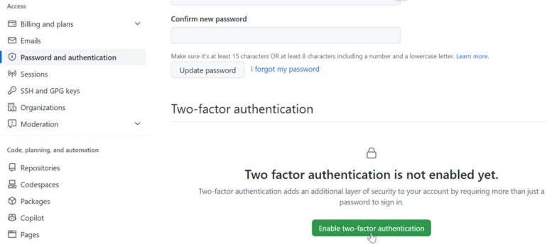 Click the button for Enable Two-Factor Authentication.